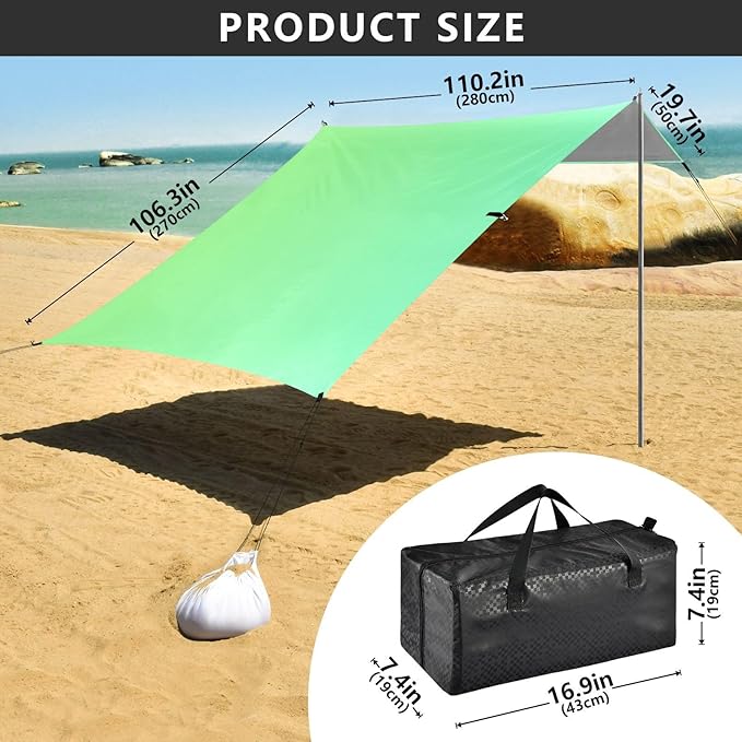 Green Gradient Color Stable Beach Tent UPF50+ Easy Setup Large Sun Shelter with Sand Shovel Sandbags for Family Trips Picnics &amp Camping