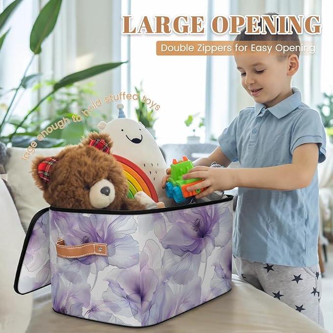 Storage Bins with Lids Blooming Flower Storage Basket Clothes Organizer with Handles Closet Storage Containers for Clothing Bedding Blanket