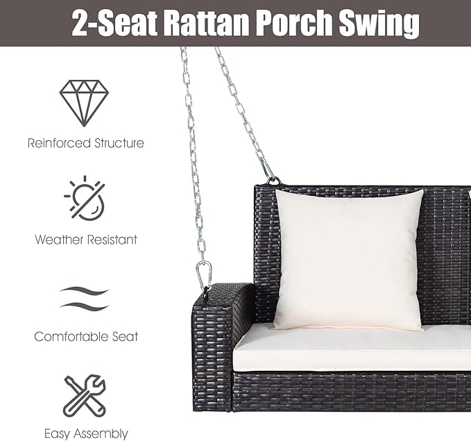 Tangkula 2-Person Wicker Porch Swing Patiojoy Outdoor Rattan Hanging Swing Bench W/ 2 Back Cushions &amp 1 Seat Cushion Sturdy Steel Chain 800lbs Weight Capacity