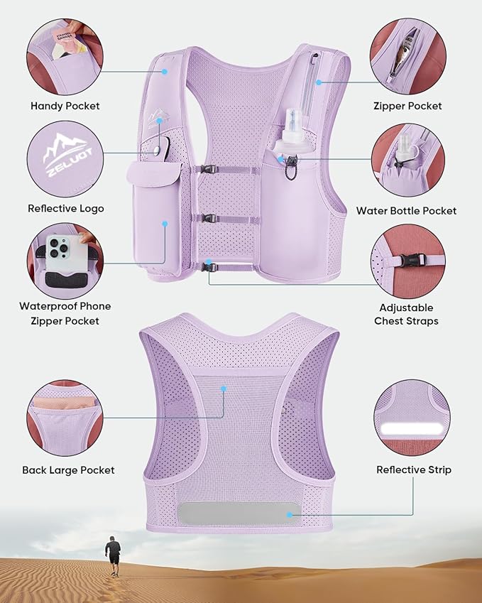 Zelvot Running Vest for Women Men USA Original Patent Adjustable Chest Straps Running Hydration Vest with 500ml Soft Flask Lightweight Reflective Hydration Backpack for Marathon