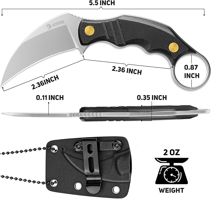 NedFoss VULTURE EDC Neck Knife with Kydex Sheath 2.3 14C28N Steel Fixed Blade Claw Knife with G10 Handle and Adjustable Belt Clip Utility Belt Knives Necklace for Men Women