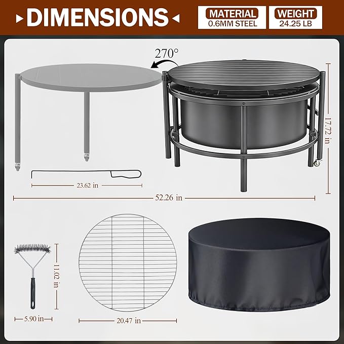 Fire Pits for Outside Wood Burning Large Outdoor Fire Pit Stove with Roating Table and BBQ Grill Cold Finished Steel Round Firepit Bowl with Poker Waterproof Cover Grill Brush
