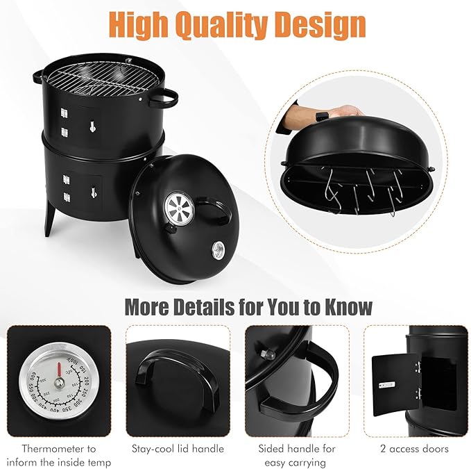 HAPPYGRILL 3-in-1 Charcoal Smoker Grill Outdoor Vertical Charcoal Smoker with Built-in Thermometer &amp Adjustable Vent System 2-Layer Separable BBQ Grills for Camping &amp Family Cooking