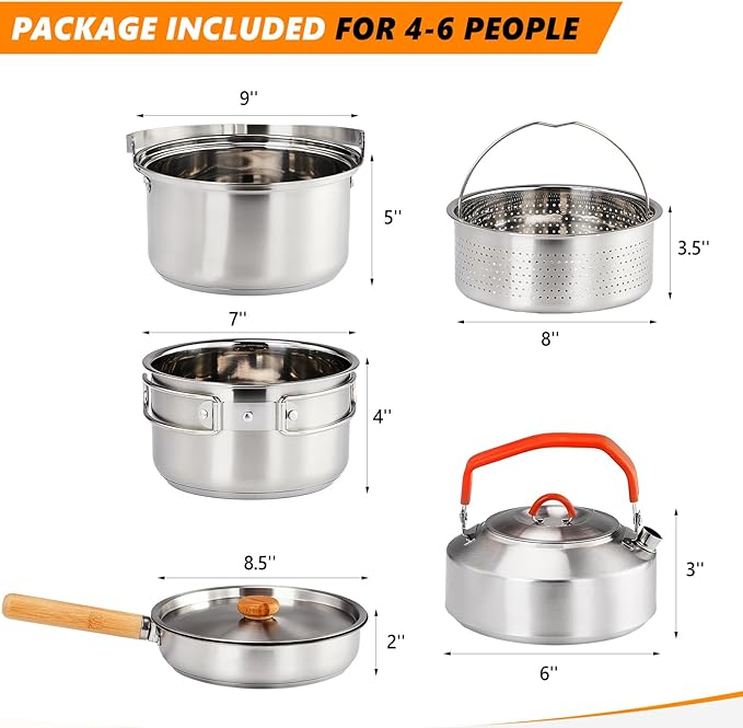 ROVSUN 34/10/6 pcs Camping Cookware Mess Kit Lightweight Non-Stick Camping Cooking Pot and Pan Set with Stainless Steel Camping Gear Kettle Cup for Open Fire Backpacking Outdoor Cooking
