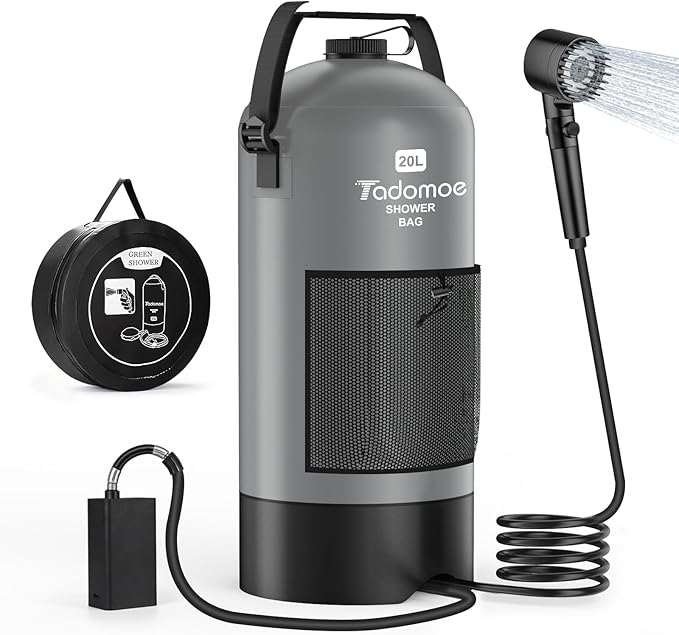 Portable Camping Shower with Battery Powered Pump 5 Gal/20L Solar Heated Camp Shower Bag 3-Mode Shower Head &amp Travel Case for Outdoor Camping Beach Rinse &amp Dogs