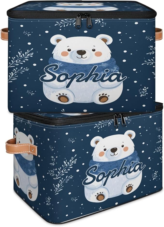 Custom Storage Basket with Name Personalized Storage Bins with Zipper Lid Foldable Fabric Storage Box Large capacity with Handle Snowflake White Bear