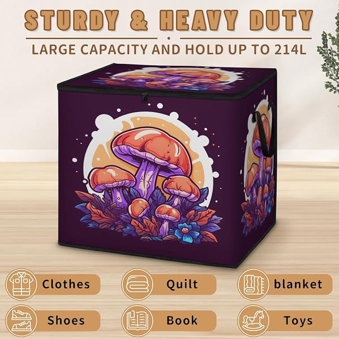 Large Funny Mushroom Storage Bags with Lid XL Blanket Clothes Storage Bins Foldable Organizers Storage Containers with Handle for Comforters Bed Sheets Pillows Cute Retro Mushroom
