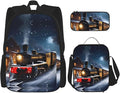 Winter Christmas Snow Night Railway Train Backpack With Lunch Box 3 In 1 Set With Pencil Case Large Capacity Backpack With Chest Strap