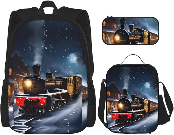 Winter Christmas Snow Night Railway Train Backpack With Lunch Box 3 In 1 Set With Pencil Case Large Capacity Backpack With Chest Strap