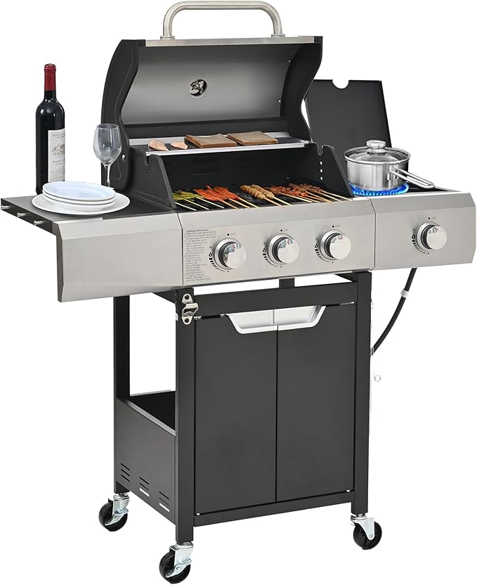 3 Burner Gas Grill with Cloth Cover – High-Powered 51000 BTU Burners Stainless Steel Construction Ample Cooking Space – Perfect for Backyard Barbecues Parties and Family Gatherings