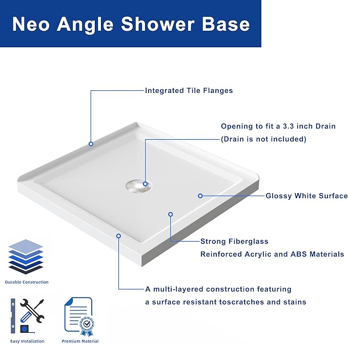 Shower panGoodyo 36 x 36 Shower Base with Double Threshold and Center Drain White Drain not Included