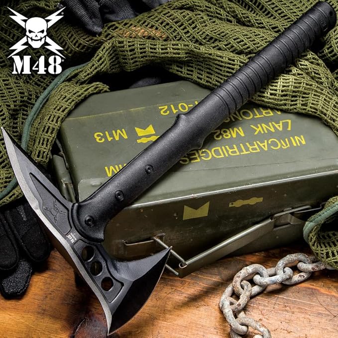 M48 Tactical Tomahawk Military Axe - Black Color | 3 ⅞” Cast Stainless Steel Combat Axe with Piercing Spike | Nylon Cord Wrapped Fiberglass Handle | Camping and Tactical Gear | 15” Length