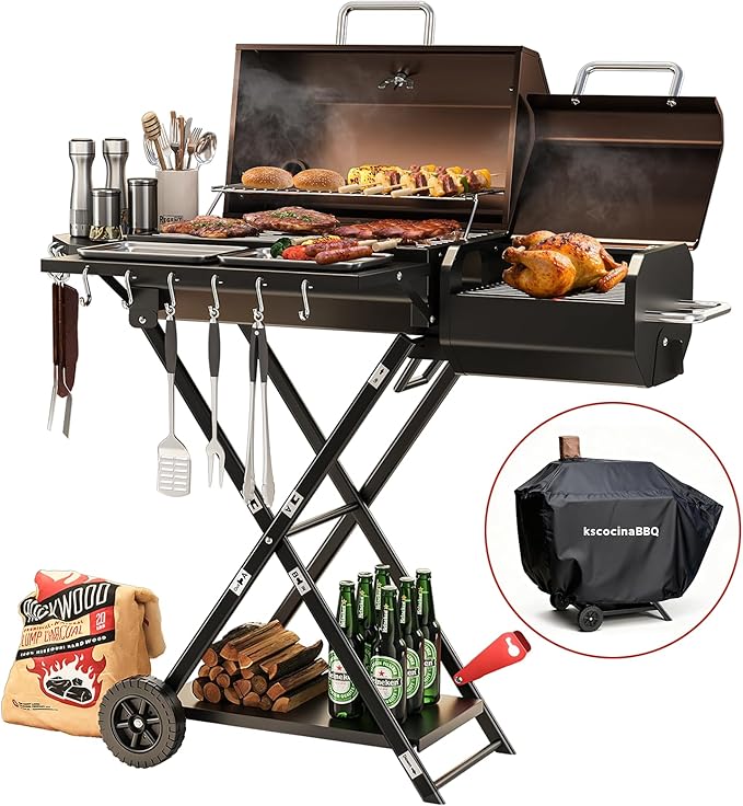 Portable Charcoal Grill with Smoking Function Foldable Suitcase Design with Wheels Multi-Tier Storage Rack &amp Waterproof Cover for Outdoor BBQ Parties (Khaki)