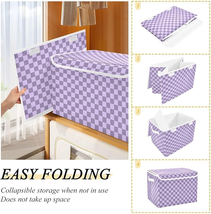 Purple Grey Checkerboard Storage Baskets Lidded Bin Foldable Storage Boxes Cubes Lids with 2 Handles for Organizing Closet Home Office