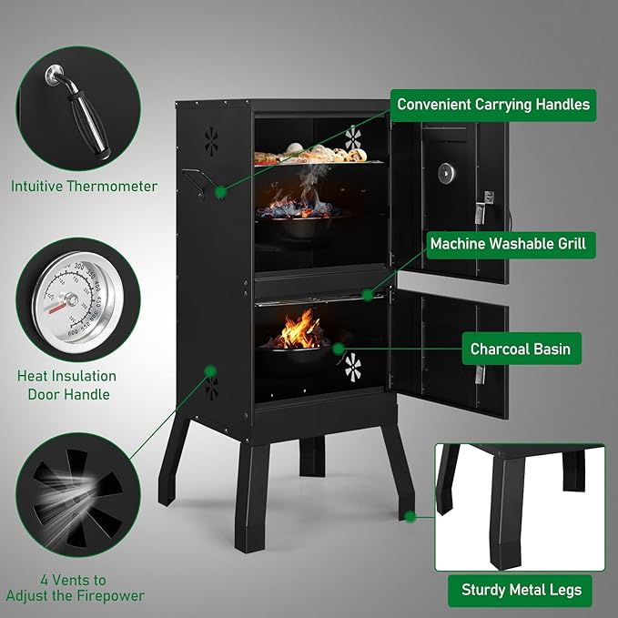 40 Vertical Steel Charcoal Smoker GrillHeavy Duty BBQ GrillsOutdoor Camping Backyard Barbecue GrillMetal Barbecue Smokerswith Thermometerfor Patio Garden Beach Porch Lawn Yard (Black)