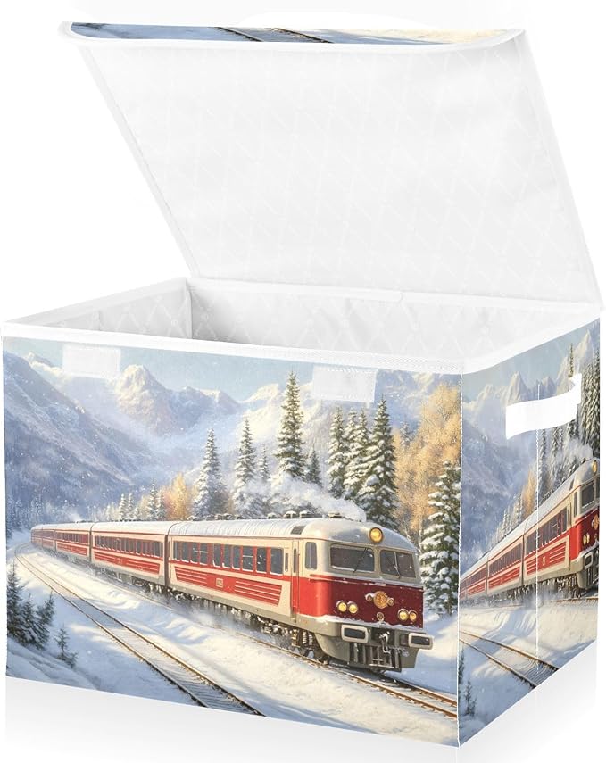 Storage Cube with Lid Snow Train Print 16.5×12.6×11.8 IN Collapsible Large Capacity Foldable Storage Basket Bin Organizer