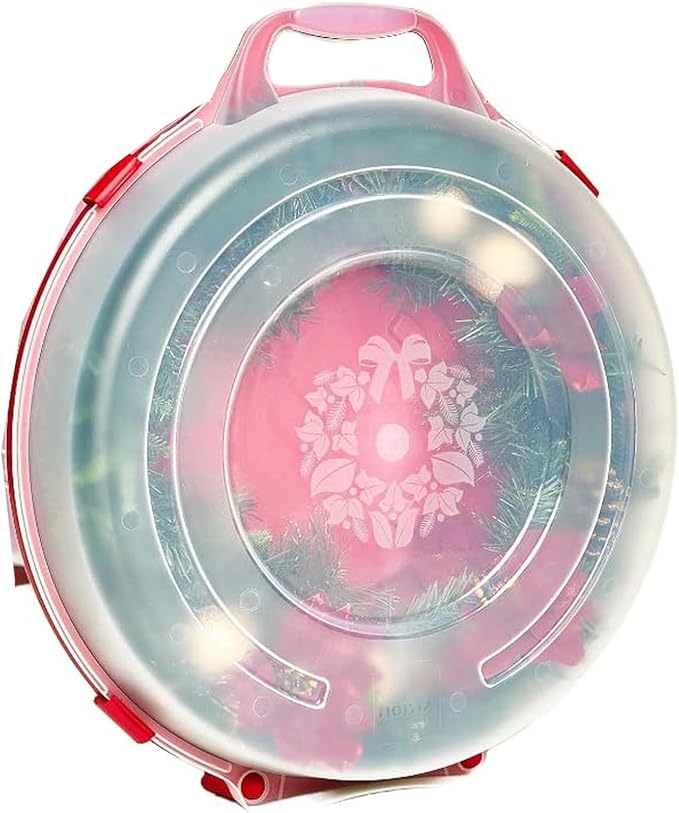 HOMZ 3-Pack 24 Inch Seasonal Holiday Clear Plastic Wreath Storage Containers Red – Stackable Decoration Organizer Bins with Lids and Handles for Christmas Wreaths and Garlands