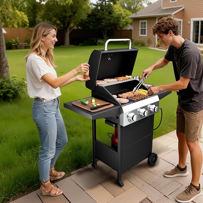 Bonnlo 3 Burners Portable Gas Grill with Enameled Cast Iron Grates Powerful 36000 BTU Propane Grill with Side Shelf &amp Bottom Cabinet Outdoor Grill with Wheels for Patio Backyard Garden BBQ Use