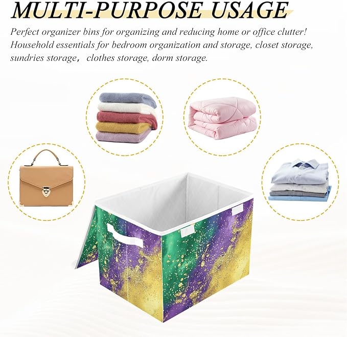 Mardi Gras Background Fabric Storage Bins with Lids and HandleFoldable Storage Bins with LidsCloset Organizers for Clothes Storage Room Organization Office Storage Chest Organizer