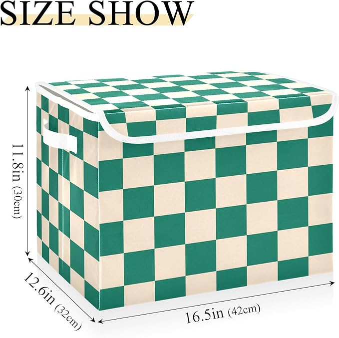 Green Checkerboard Square Grid Storage Box with Lid 1 PC Foldable Storage Bin with Lids Stackable Storage Bins Cube Closet Organizer Basket with Flip-Top Lid &amp Handles for Shoes Books Towels