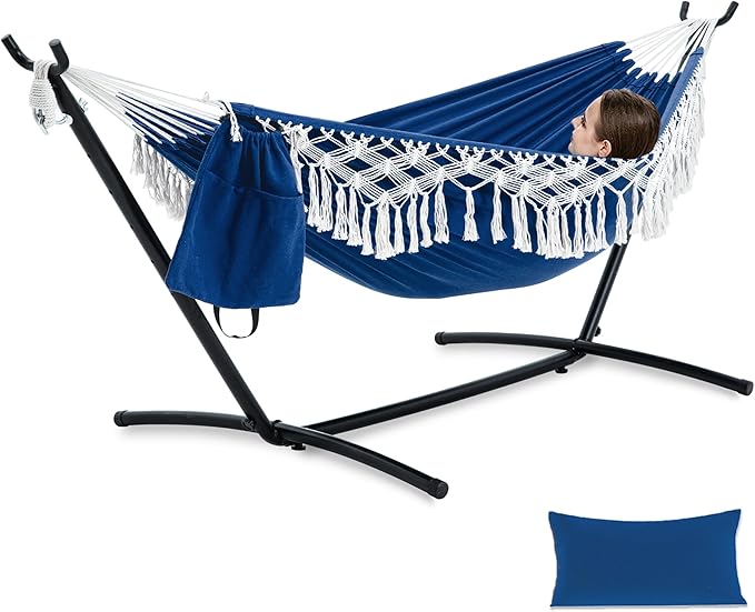 PNAEUT Handmade Tassel Hammocks Double Hammock with Stand for Outside Indoor Outdoor Max 450 lbs Capacity Pillow &amp Storage Bag (Navy)