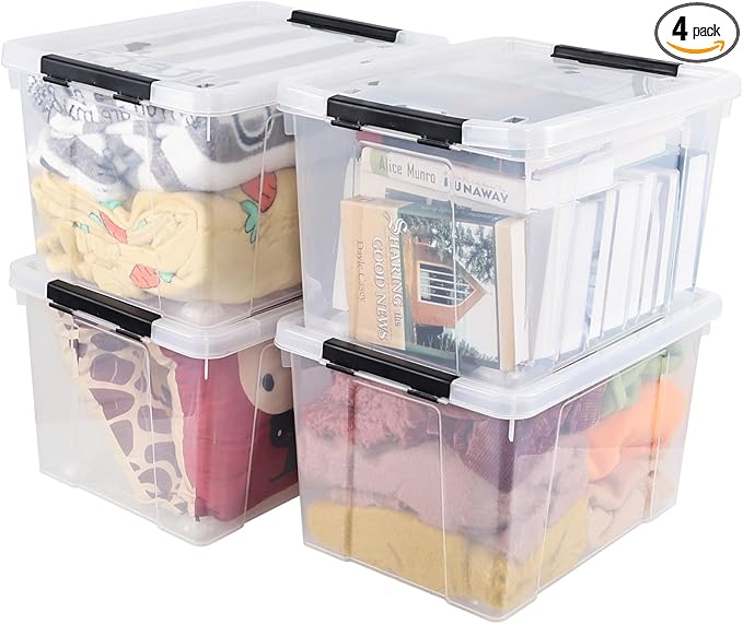 35 L 4-Pack Plastic Storage Bin with Wheels and Lids Clear Plastic Lidded Storage Container Box