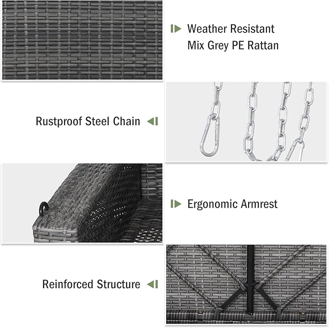 Tangkula 2 Person Wicker Hanging Porch Swing Patiojoy Outdoor Rattan Swing with Soft Cushions and 2 Rustproof Steel Chains 800 LBS Patio Swing Bench for Balcony Garden and Yard