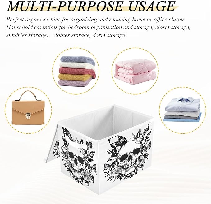 MNSRUU Containers Baskets with Lids Skull Butterfly Fabric Foldable Storage Bins Organizer with Lid Collapsible Storage Boxes for Home Bedroom Closet Office