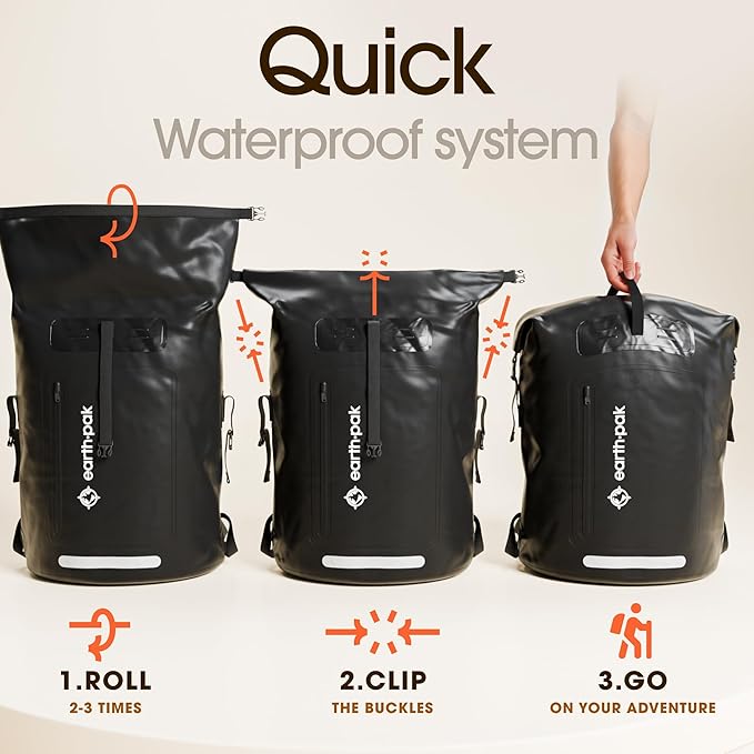 Earth Pak Waterproof Backpack - Heavy Duty Roll-Top Closure with Easy Access Front-Zippered Pocket and Cushioned Padded Back Panel for Comfort with IPX8 Waterproof Phone Case