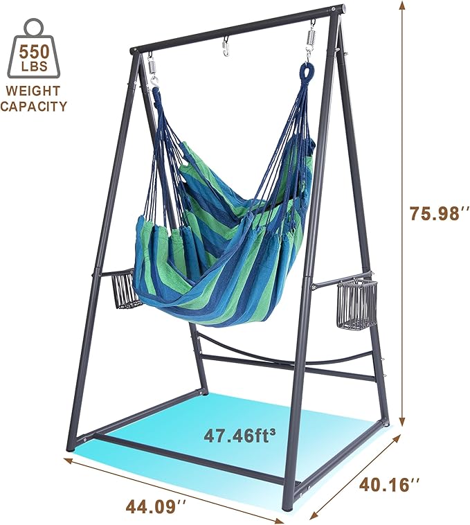 YOXIFOC Reinforced Base &amp Triangular Structure Hammock Stand with 2 Storage Baskets Swing Stand with 3 Hooks Fit for Most Hanging Chair for Oudoor&ampIndoor (with Chair) (Gray)