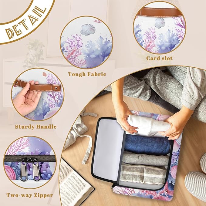 Seashell Coral Storage Box with Lid Ocean Beach Collapsible Storage Bins Baskets Cubes Closet Shelf Clothes Organizer Containers with PU Leather Handles