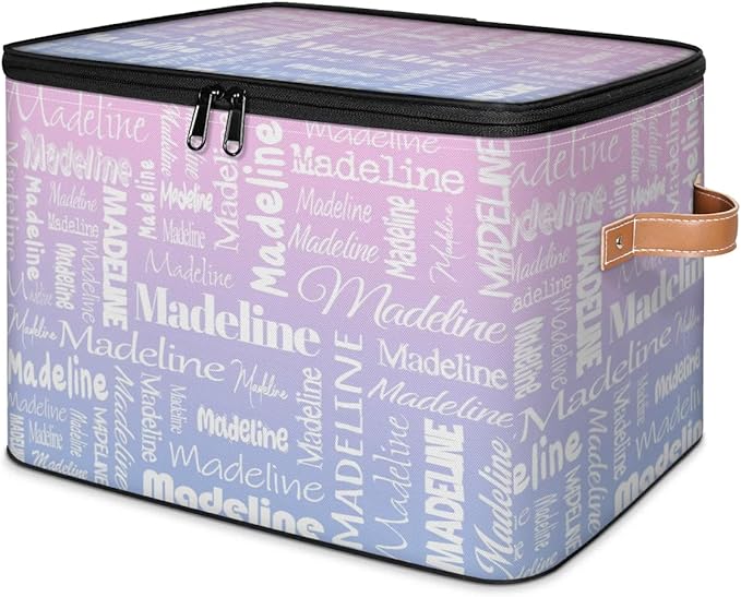 Custom Storage Basket with Name Personalized Keepsake Box with Zipper Lid Foldable Fabric Memory Bin Large capacity with Handle Pink Purple