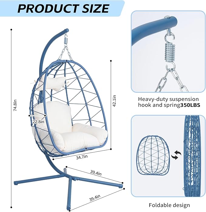 Hanging Egg Chair with Stand Outdoor Indoor Patio Rattan Swing Hammock Chairs with Washable Cushion PE Wicker Swing Chair for Backyard Bedroom Garden (Blue + White Cushion No Footrest)