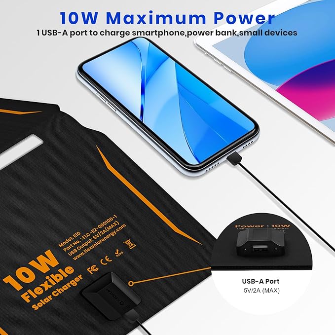 10W Solar Panels Portable (5V 2A Max)Foldable Solar Charger with USB-A Port for Cell PhoneIpadPower Bank Ip67 Waterproof Monocrystalline Silicon Solar Panels for Camping Outdoor Backpacking
