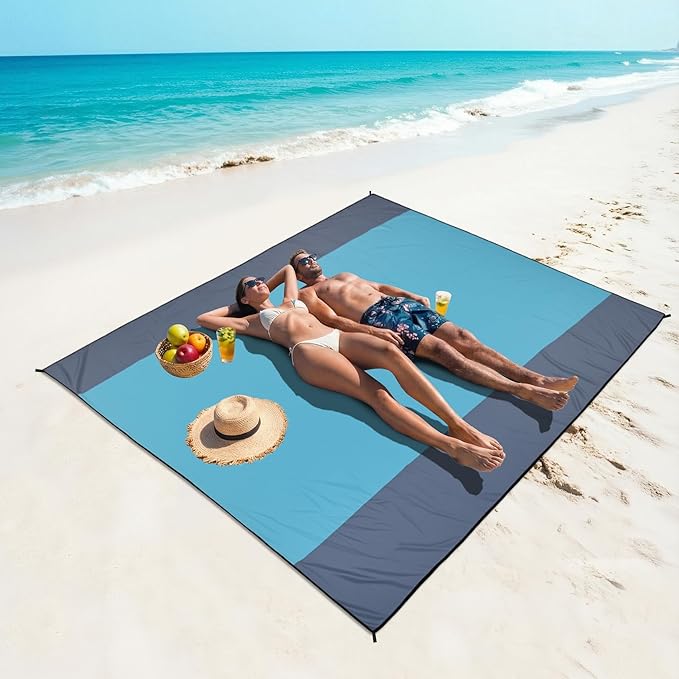 WIWIGO Beach Blanket Waterproof Sandproof Beach Mat 79 X 83/10'x9'for 2-8 Adults Quick Drying Outdoor Picnic Mat Beach Accessories for Travel Camping Hiking