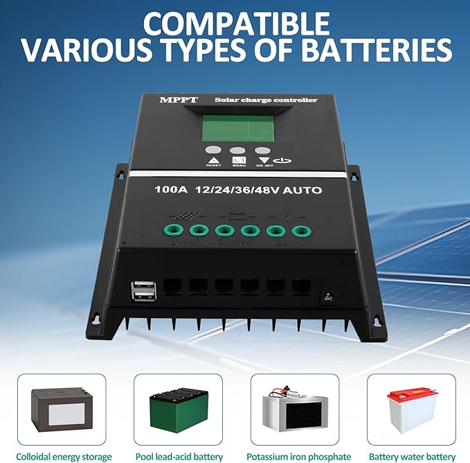 50A-100A Solar Charge Controller 100A MPPT LCD Display Solar Battery Regulator 12/24/36/48V Intelligent Solar Panel Regulator with Double USB Charging Port 7 Modes for Charging