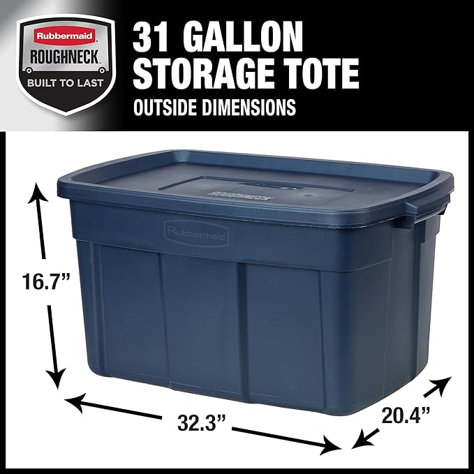 Rubbermaid Roughneck Tote 31 Gal 3 Pack Made in USA Dark Indigo Metallic Rugged Plastic Stackable Storage Bins with Lids and Handles