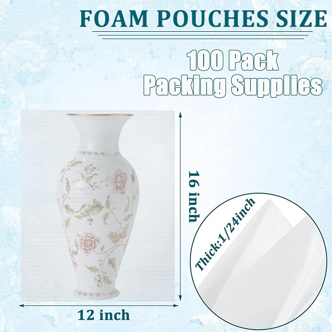 100Pack Packing Foam Pouches 12x16 Inch Large Cushion Foam Wrap Pouches Protect Mugs Glasses Ceramics and Dishes Plate Packing Sleeves for Moving Packing Supplies for Fragile Item