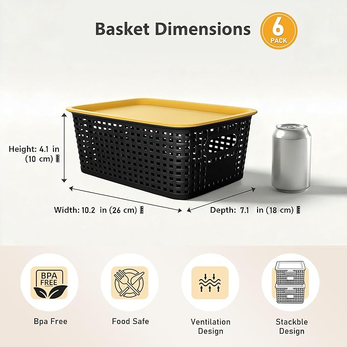 AREYZIN Plastic Storage Bins with LidStackable Storage Bins and Storage Baskets for ShelvesSmall Baskets for Organizing Small Storage Bins10.2x7.2x4.1 Inch6-Pack Black