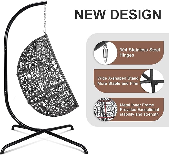 NICESOUL Bird Cage Swing Egg Chair UV/Water-Resistant 450lbs Capacity Wicker Swinging Chairs with Stand Comfy Oversized Hanging Seat w/Cushion Metal Frame &amp Cover for Indoor Outdoor Light Grey