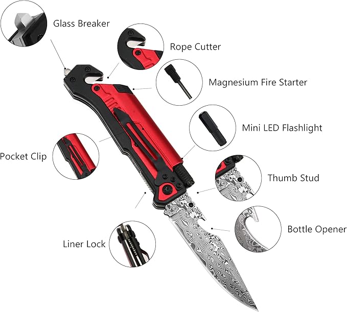 ALBATROSS 6-in-1 Modern Damascus Steel Folding Pocket Knives with LED LightSeatbelt CutterGlass BreakerMagnesium Fire StarterBottle OpenerMulti-Function Emergency Tool(Red-DA)
