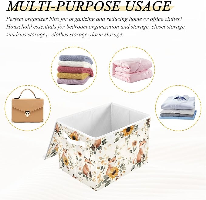 Floral Fox Storage Cube Bins Basket with Lid Collapsible Flip-top Fabric with Handle for Home Bedroom Closet Office 16.5×12.6×11.8 in