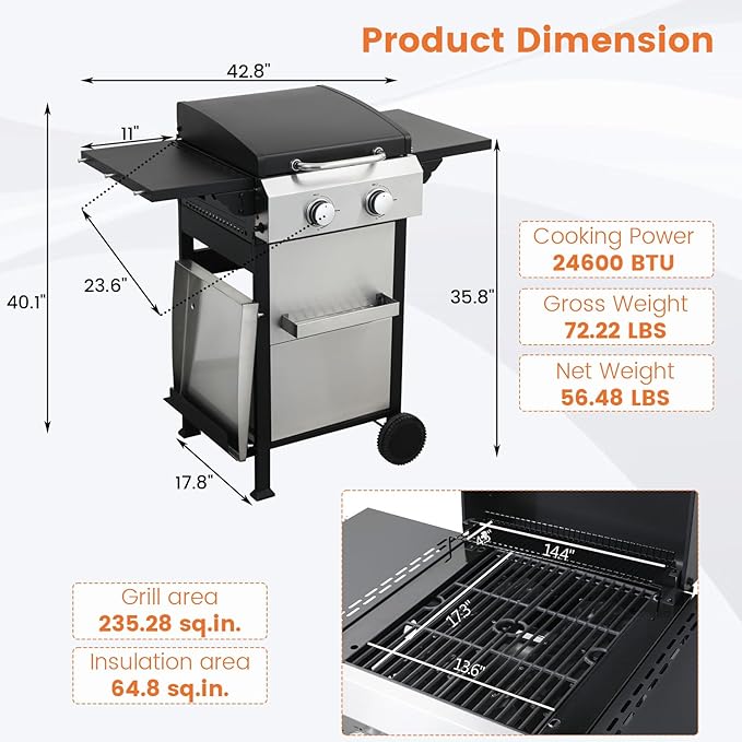 2-Burner Propane Gas BBQ Grill SS Plancha 24600BTU Stainless Steel Barbecue Grill With Wire Enamel Cooking Grids Foldable Side Table for Outdoor Camping (Style9: 2-Burner with SS Plancha)