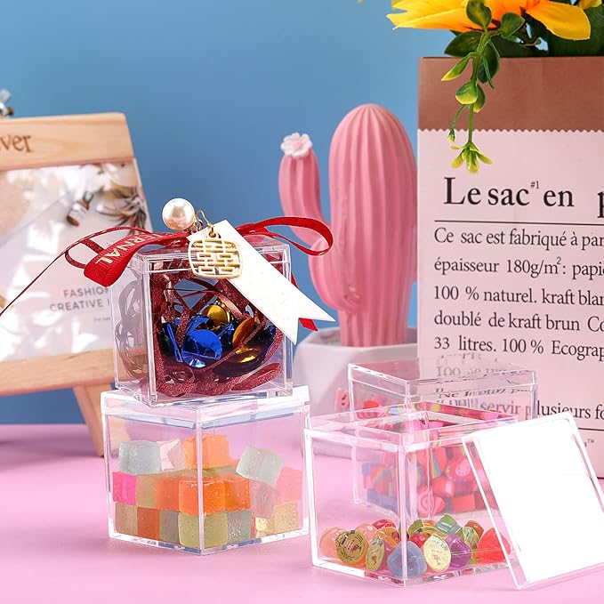 Tuanse 60 Pcs Acrylic Box with Lid Clear Small Acrylic Box Plastic Square Cube with Lid Mini Containers Display 2.2 x 2.2 x 2.2 Inch for Candy Pill Tiny Jewelry Toys Gifts