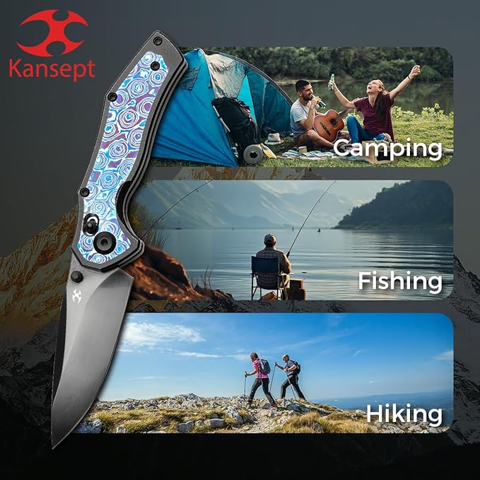 KANSEPT Apollo Pocket Knive 3.11Mirror DLC CPM S35VN Blade Blackwash Titanium inlaid Timascus Handle with ThumbStudCross Bar Lock Folding for Men WomenSharp Camping Survival Hiking Knives K2107V5