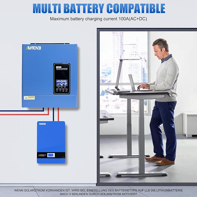 Hybrid Solar Inverter 3000W 24Vdc to110Vac Off-Grid Inverter100A MPPT ControllerSupport Battery-Less or AGM Lithium Battery Pure Sine Wave for Home BackupSolar Systems