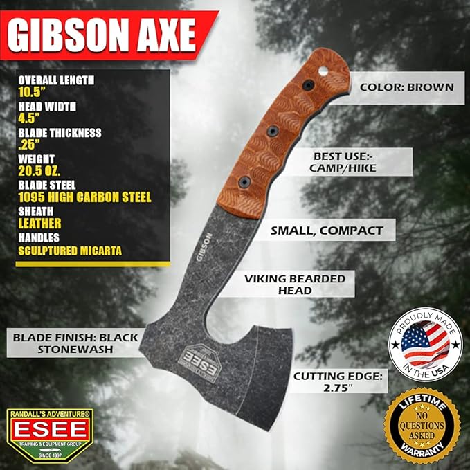 ESEE Knives James Gibson Camping Bushcraft Axe - Leather Sheath - Made in USA