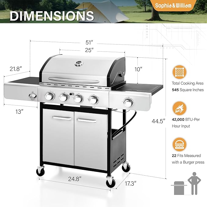 Sophia &amp William 4-Burner Propane Gas BBQ Grill with Side Burner and Porcelain-Enameled Cast Iron Grates Stainless Steel Barbecue Grills Outdoor Cooking Silver Cabinet Style 42000BTU