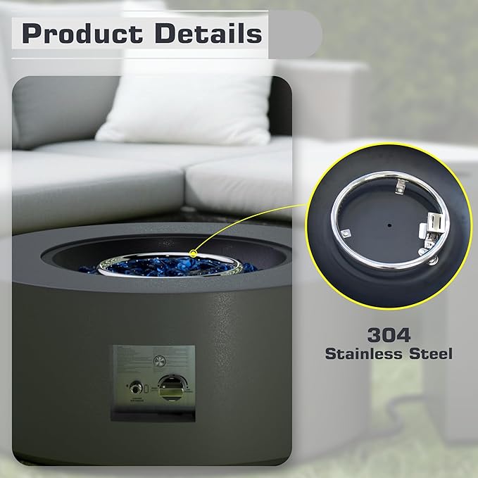 2-Piece 30 LED Round Propane Fire Pit for Outside Patio with Hidden Tank Table 50000 BTU Fireplaces with Lid Glass Rocks Cover(Dark Grey w/Golden Light)