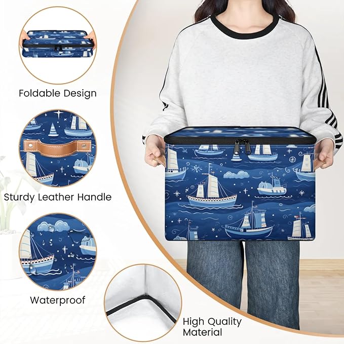 Storage Bins with Lids Cartoon Ship Storage Basket Clothes Organizer with Handles Closet Storage Containers for Clothing Bedding Blanket